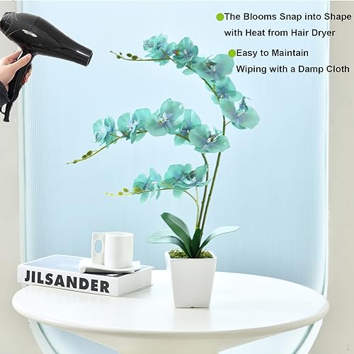 Faux Orchid in Vase Large Artificial Orchid in Ceramic Vase Teal Silk Orchids with Stems Real Look Potted Fake Flowers Arrangement Centerpiece Table Decorations for Home Decor Indoor, Golden Blue - color: Y-golden Blue