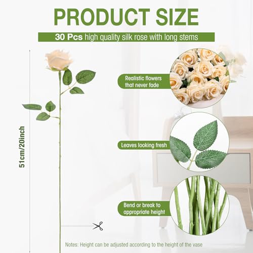 Jexine 60 PCS Artificial Roses Bulk Silk Flowers with Long Stems, Realistic Faux Rose Bouquet for Wedding Centerpieces, Valentine’s Party, Decor Home (Champagne) - color: Champagne
