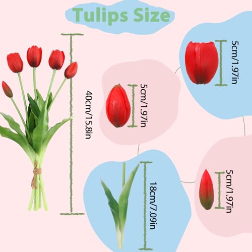 15 Pcs Red Artificial Tulips Fake Flowers, Premium Latex Lifelike Texture, UV Resistant Waterproof Faux Tulip Bouquets with Snap-on Petals for Outdoor, Home, Wedding Decor - color: Red