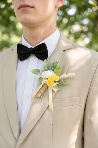 Yellow Corsage and Boutonniere Set Wrist Corsage Wristlet for Prom Groom Flower Boutonniere for Men Wedding Party Homecoming Accessories Suit - color: Yellow