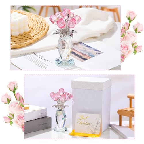 Ornalrist Crystal Pink Rose Flower Figurines - Glass Rose Bouquet Gifts for Women Mom Wife Girlfriend on Valentines Christmas Mothers Day Wedding Party - color: Pink