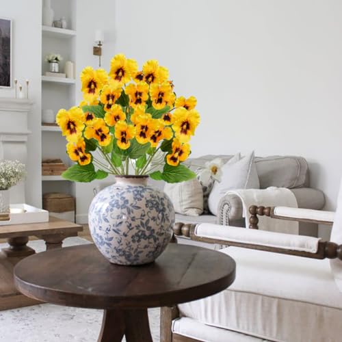 Yellow Artificial Flowers 3 Pack Pansy Flowers Artificial Silk Flowers 18" Realistic Fake Flowers for Decoration Spring Faux Flowers for Vase Home Indoor Wedding Flower Bouquet Table Centerpiece Decor - color: Yellow