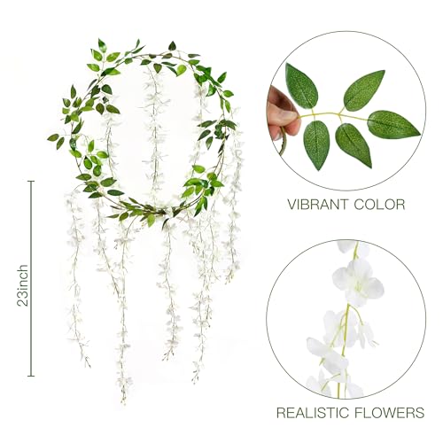 Sggvecsy 6Pcs Wisteria Garland Artificial Flowers Garland Fake Hanging Wisteria Vines Rattan Silk Hanging Flower Vines for Home Garden Outdoor Wedding Arch Party Ceremony Total 35.4Ft (White) - color: White