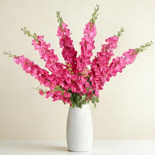 HCTCPALS Artificial Flowers for Outdoors 6 Pcs Delphinium Plant Realistic Silk Fake Flowers for UV Resistant Faux Plants Outdoor Indoor Outside Front Porch Hanging Planter Decoration-30" Rose Red - color: Delphinium Rose-red