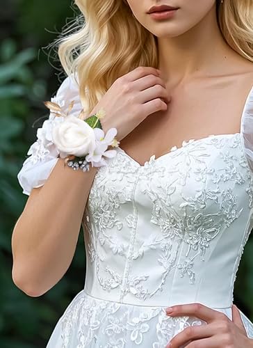 Boutonniere and Cosrage Set for Wedding - 2 Pcs Artificial Flowers Wrist Corsage and Boutonniere Set for Prom Dancing Party, Boutonniere Corsage Wristlet for Bride Groom Groomsmen Anniversary Ceremony - color: White