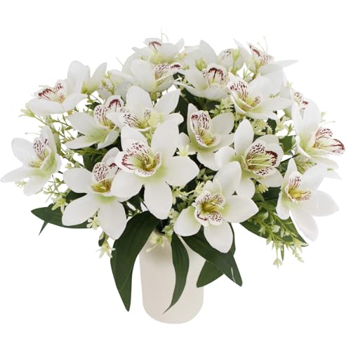 Coreland 12 Pcs Artificial Cattleya Flowers for Vase, Faux Silk White Flower Bouquets UV Resistant Fake Flowers for Indoor Home Decor, Floral Arrangement for Table Centerpiece Shelf Kitchen Bathroom - color: White - 12 Pcs