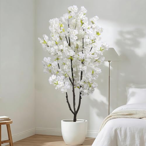 Faux White Cherry Blossom 6ft(72in) Artificial Floor Plant for Indoor Decor Natural Potted Tree with Texture Flowers and Realistic Wood Trunk for Home Living Room,Office Perfect Housewarming Gift - color: Cherry Blossom(white 7), size: 6ft