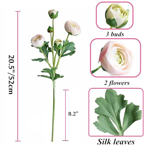 5PCS Artificial Ranunculus Flowers with Silk Flower Real Touch Stem Spray for Home Garden Office Decoration Wedding DIY Arrangements (Champagne Pink) - color: Champagne Pink