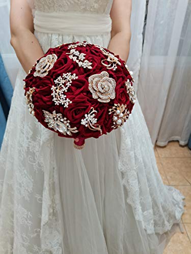 YIFU Wedding Bride Water Drop Wine Red Bouquet Navy Blue Luxury Jewelry Proposal Bridesmaid Groom Bride Flower Wedding Bouquet - color: Wine Red Ball Bouquet