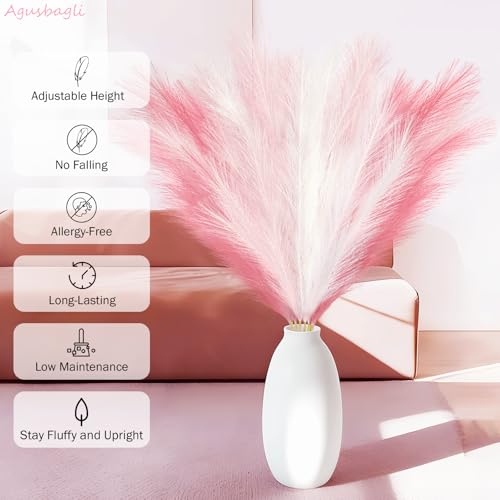 Agusbagli 8 Pcs Pink Faux Pampas Grass Decor 35“ Fluffy Tall Artificial Colored Pampas Grass Large Fake Pompous Grass Stems Blush Flower Arrangement Floor Vase Filler for Home Wedding Boho Decor - color: Pink & White & Light Pink