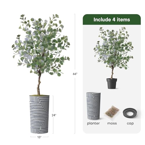 Artificial Tree in Modern Geometric Pattern Planter, Fake Eucalyptus Silk Tree for Indoor and Outdoor Home Decoration - 66" Overall Tall (Plant Pot Plus Tree) - style: Eucalyptus Tree