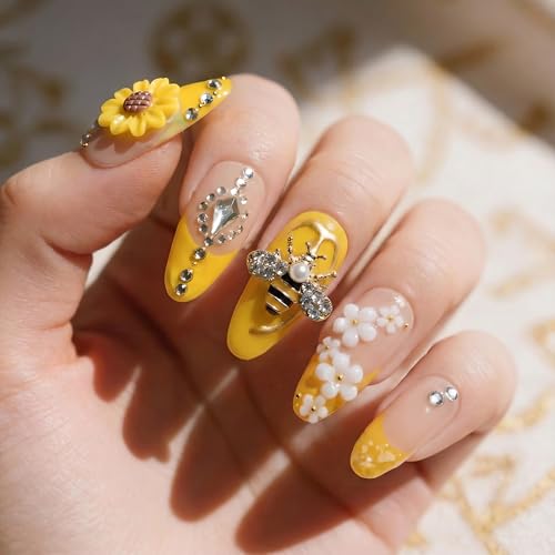 Handmade Press on Nails 24 Pcs, 3D Sunflowers, Medium almond, Yellow | Handmade 12 Sizes False Nails, French Tips,Almond Length,3D Cute Honey,Flower,Manicure Kit,Women&Girls,Spring&Summer,Party