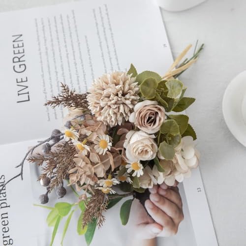 12-inch Small Fake Silk Flowers Fall Bouquet Faux Centerpieces with Roses, Dandelions, Hydrangea, Daisies, Hollyberries - Realistic Artificial Floral Arrangements for Home Kitchen Decor - color: Brown
