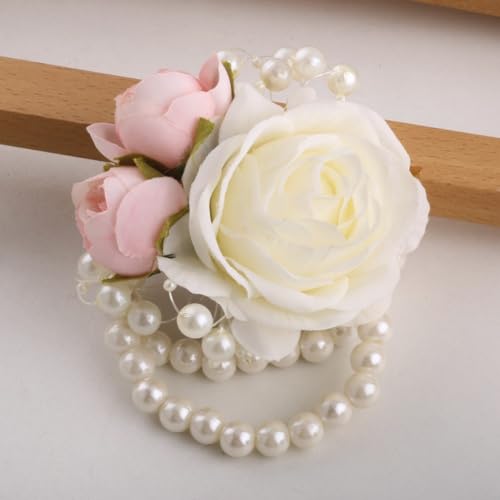 Wrist Corsages Set of 6 for Wedding Bridal Bride Bridesmaid Artificial Hand Flower Corsage Wristlet Band Homecoming Graduation Prom Party Ivory and Pink - color: Ivory & Pink Corsages (6pcs)