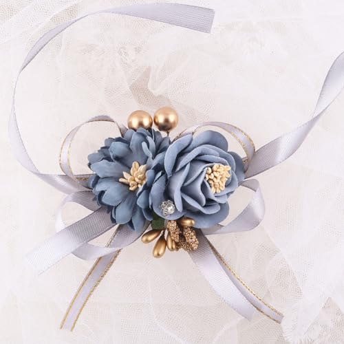 Dusty Blue Wrist Corsages Set of 12 for Bridal Bride Bridesmaid Artificial Hand Flower Formal Party Wrist Corsage Wristlet Band Wedding Prom Homecoming - color: Dusty Blue Corsage ( 12pcs )