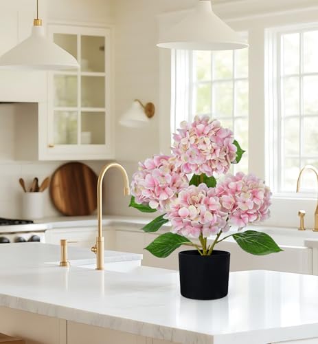 Hollyone Pink Hydrangea Artificial Flowers in Pots 19.7" Four-Head Faux Silk Hydranges Flower Arrangements for Indoor Home Office Kitchen Table Centerpieces Wedding Decorations - color: Pink, size: 4 Head Hydrangea
