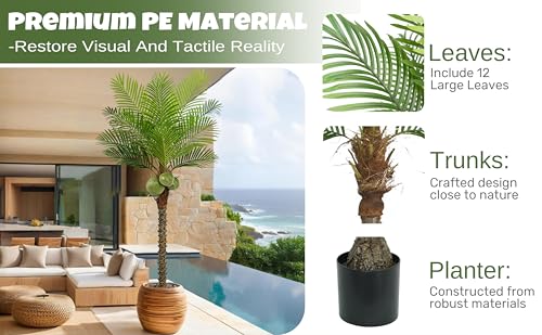 Roselywed Artificial Phoenix Palm Tree 6.5FT with 12 Leaves & 3 Coconut Fruit & Real Bark Tropical Areca Sago Palm Tall Large Faux Plant 78 Inch Black Pot for Indoor Outdoor Home Poolside Mall Decor - size: 6ft 6in