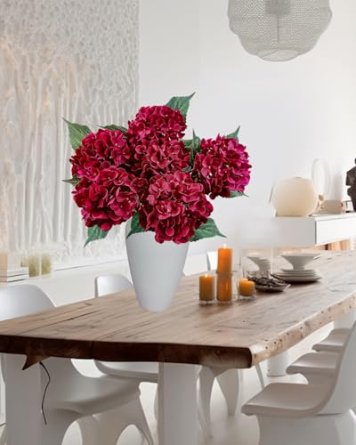 6PCS Premium Burgundy Hydrangea Artificial Flowers Bouquets, Wine Red Silk Hydrangea Flowers with Stems, Fake Hydrangeas Arrangement, Faux Hydrangea Decor for Home Wedding Party (Burgundy，Wine Red) - color: Burgundy，wine Red
