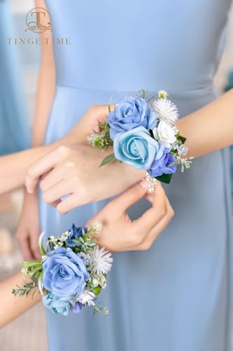 TINGE TIME Set of 2 Wrist Corsage Bracelets Pearl Wristlet Band Bridesmaid Bracelet for Wedding Ceremony Bridal Shower Wedding Artificial Flower Prom (Provence Blue) - color: Provence Blue