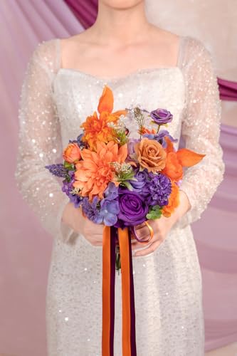 TINGE TIME Rose Artificial Flowers Combo, Fake Foam Roses with Stems for DIY Wedding Bridal Shower Party Table Centerpieces Fake Floral Arrangement Home Decor(Burnt Orange and Purple) - color: Burnt Orange and Purple