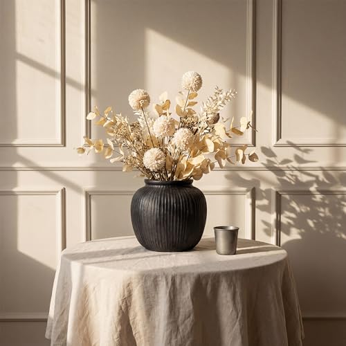 Oakrain Large Rustic Vase with Vertical Ribbed Texture, 9" Vintage Black Round Vase, Decorative Planter for Indoor, Table Centerpieces, Distressed Decor - color: Matte Black, size: 9" Dia