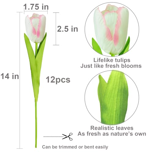 12pcs Pink Tulips Artificial Flowers Real Touch Silk Fake Flowers Faux Tulip Stems for Wedding Spring Bouquet Floral Arrangement Home Decorations Table Centerpiece - color: Pink