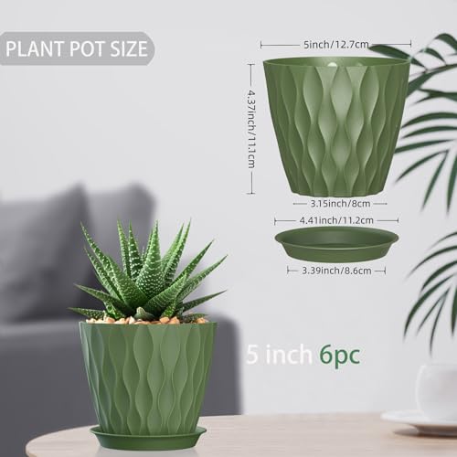 5 Inch Planter Pots, 6 Pack Indoor Planters, Small Flower Pots with Drainage Holes and Tray for Succulents, Orchids, Herbs and Other Indoor Plants (Green, 5inch) - color: Green, size: 5inch