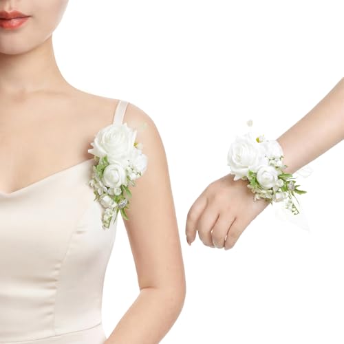 Ling's moment 2pcs Prom Wrist/Shoulder Corsage Artificial Flower, Girl/Mother Homecoming/Wedding Corsage Wristlet Décor, etc. White Lily Valley - color: Wht-white & Lily Valley