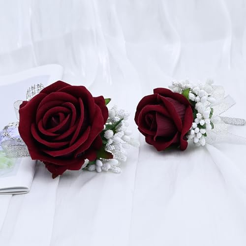 2Pcs Burgundy Rose Corsage and Boutonniere Set, Artificial Wrist Corsage Wristlet Bracelets, Men Boutonniere for Wedding Party Formal Dinner Flowers Accessories Prom Decorations - color: Burgundy