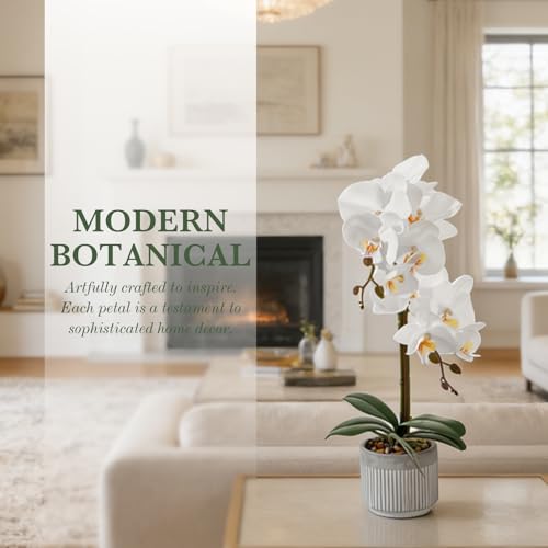 17.7" White Artificial Orchid Flowers in Ceramic Pot, Realistic Silk Phalaenopsis Arrangement with Stone, Waterproof Fake Orchid Plant for Bathroom, Home Office Table Top Centerpiece Decor(Orchid 2) - color: Orchid 2