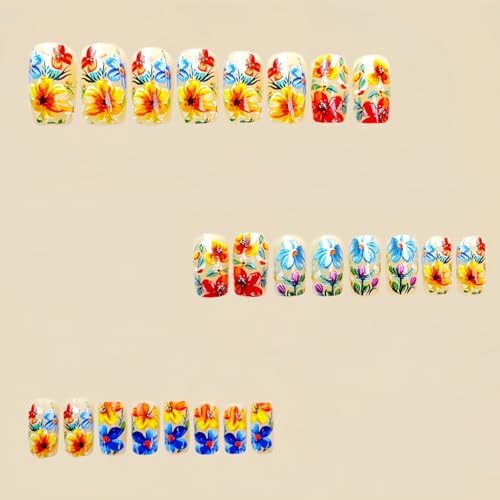 24 Pcs Press-on Nails, Square, Glossy, Floral Modern, Multicolor, ABS Material, Full Well Tips, False Nails, Easy to Apply, 12 Different Sizes, 1 Set - color: Flower Square12