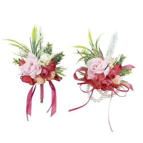 2 Pcs Wrist Corsage and Boutonniere Set, Hot Pink Corsage for Wedding, Boutonniere for Men Artificial Rose Flower Wristlet Bracelet Prom Ceremony Anniversary Accessories Decor Suit - color: Hot Pink
