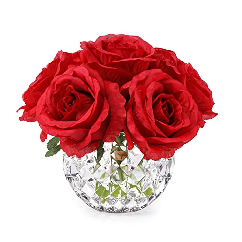 7 Large Stem Rose Red Artificial Flowers in Vase, Silk Flowers Arrangement in Round Glass Vase Without Water for Home Decor, Wedding Table (Red) - color: Red W/O Water