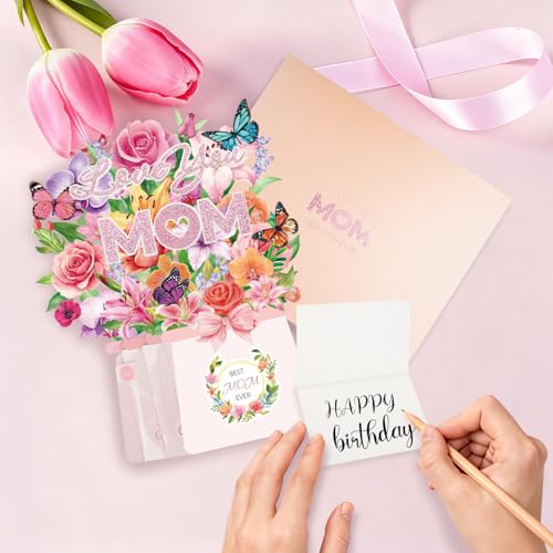 Birthday Card for MOM, LIGHTS & MUSIC Mothers Birthday Pop Up Card, Rose Lily Orchid and Butterflies, 10 Inch Life Sized Forever Flower Bouquet Mother’s Day Cards from Daughter, Son, Husband, Gifts Cards for Mom Wife Grandma - size: MOM
