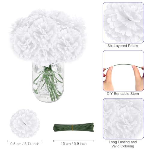 LELEE 108pcs Carnation Head Flowers with Stem, White Artificial Carnations Flowers Bulk, White Silk Carnation Fake Flower for Wedding Bouquet Table Centerpieces Funeral Cemetery Gravesite Decor - color: White