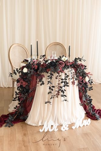 Ling's moment 9FT Eucalyptus & Willow Leaf Garland with White Flower, Handcrafted Wedding Sweetheart Table Centerpieces Head Table Decor Arch Backdrop Decorations for Wedding | Black & Burgundy - color: Red-moody Burgundy & Black