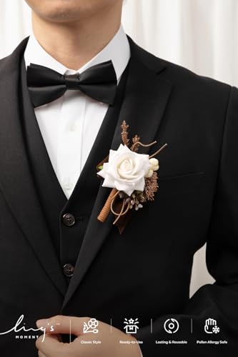 Ling's moment Boutonniere for Men, 6pcs Groom Groomsmen Boutonniere, Artificial Flowers for Wedding Decor/Prom/Homecoming, etc.Sand Beige White - color: Brn-sand Beige & White