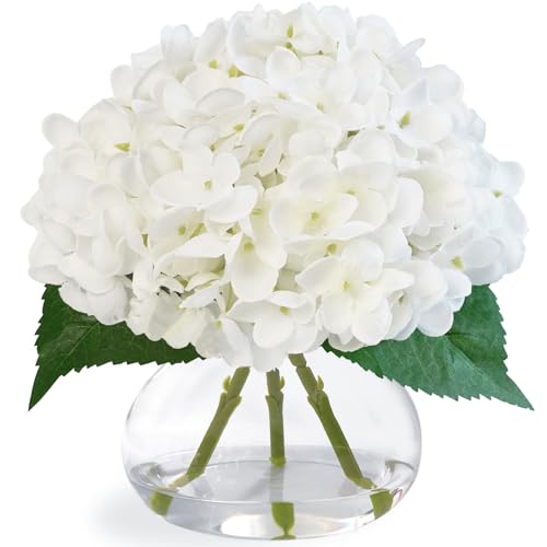 Hydrangea Artificial Flowers in Glass Vase, White Silk Fake Flowers Silk Centerpiece Table Decorations for Dining Room， Coffee Table Decor，Wedding, Home with Faux Water Decor（White） - color: White