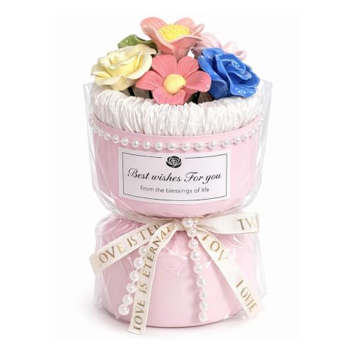 Porcelain Flower Bouquet - Handmade Ceramic Flowers Floral Arrangement, 6 Unique Blossoms, 6 inches Height, Shelf Living Room Decor, Ideal Gift for Mother’s Day, Birthdayr (Pink-Rose) - color: Pink-rose
