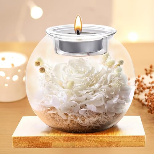 Flowers for Delivery, Preserved Flower in Glass Dome with Scented Candle, Long Lasting Rose Gifts for Women Wife Girlfriend on Christmas Mothers Day Valentines Day Birthday (White) - color: White