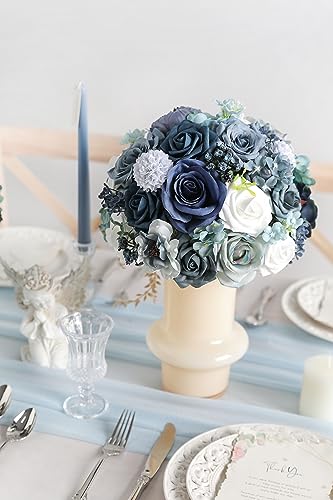 YYHUAWU Nude Artificial Flowers Combo Set Fake Flower Leaf Box with Stems for DIY Wedding Bouquets Centerpieces Flower Arrangements Decorations Baby Shower Party Home Decorations - color: Dusty Blue & Navy Blue