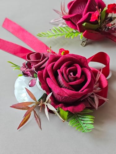 Corsage and Boutonniere Set with Burgundy Roses for Bride, Groom, Bridesmaids Groomsmen Weddings, Proms, Homecomings. Perfect Party Suit Decor Wedding Flowers Accessories (Burgundy) - color: Burgundy