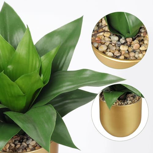 Briful Agave Artificial Wide Leaf Plant in Gold Pot – 10.2” Tall Faux Greenery with Lush Plastic Leaves & Pebble Base, Fake Plant Decor for Indoor Tabletop, Office Desk, Bathroom Shelf - color: Green and Gray Agave Gold Vase