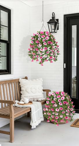 Artificial Morning Glory Flowers with Hanging Basket - Faux Morning Glory Vines UV Resistant Plastic Fake Flowers with Basket Plants for Home Porch Patio Balcony Garden Yard Spring Summer Decor, Pink - color: Pink, size: 23.6"