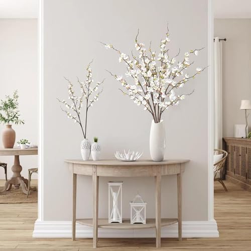 Sggvecsy Artificial Plum Blossom Flowers 4 Pcs Faux Cherry Blossom Stems Faux Silk Plum Blossom Branches 36.2’’ Fake Flowers Long Stems for Vase Arrangements Home Wedding Table Decor (White) - color: White