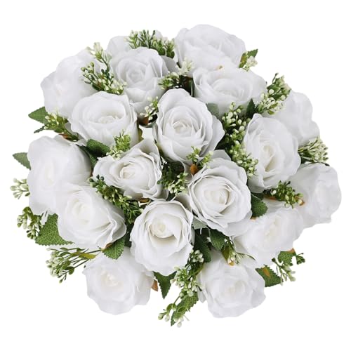 White Cemetery Flowers - 18 Silk Rose for Grave Decorations-Outdoor Memorial Grave Flowers for Cemetery - color: White