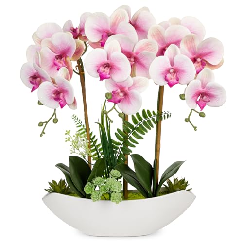 Briful Pink Orchid Artificial Flowers 18in Fake Orchid Silk Flowers with Ceramic Pot Faux Orchid Arrangement for Home Office Room Table Shelf Modern Decoration - color: Pink White