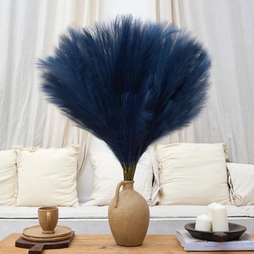 10 Pcs 39''/3.2FT Faux Pampas Grass Decor, Large Tall Fluffy Artificial Fake Flower, Bedroom Decor Boho Decor Pompas Floral for Vase Filler Farmhouse Home Wedding Decor (Blue) - color: Blue