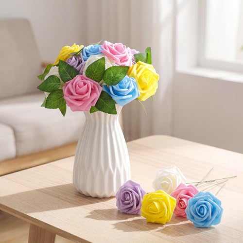100 Pcs Artificial Foam Rose Flower Faux Bouquet Wedding Fake Rose Gift for Mother's Day Women DIY Bridal Shower Party Table Birthday Home Spring Decor (Macaron Colors) - color: Macaron Color
