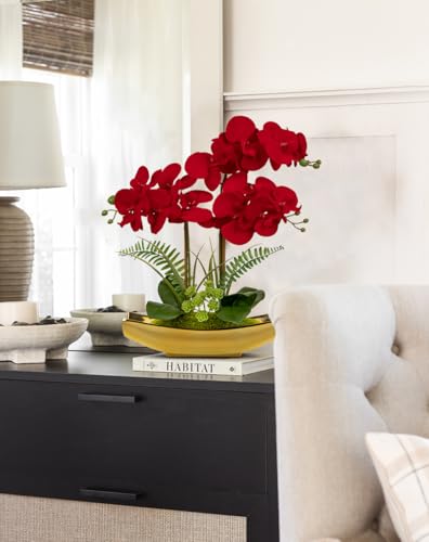 Briful Orchid Artificial Flowers 17" Silk Red Orchid Floral Arrangement with Gold Pot Real Touch Faux Orchid Plant for Home Office Room Kitchen Table Centerpiece Shelf Decor - color: Red Gold